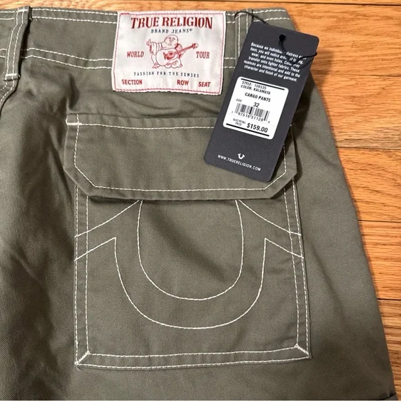 True Religion Cargo Pants Kalamata Green White Stitch Mens Size 32x32